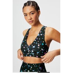 Fabletics On-The-Go Midi Small Impact Sports Bra Black Terrazzo Phone Pocket